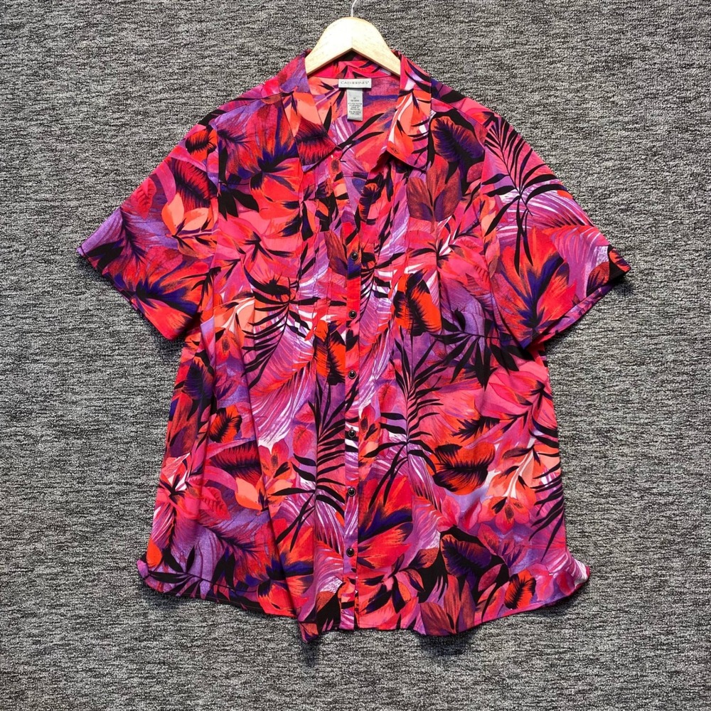 Catherines Tropical Button Down Shirt Womens 1X Pink Floral Short Sleeve Top
